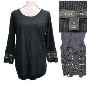 NWT Talbots Top Black Crochet Lace Trim Size Small Mature Minimalist Gothic 3139